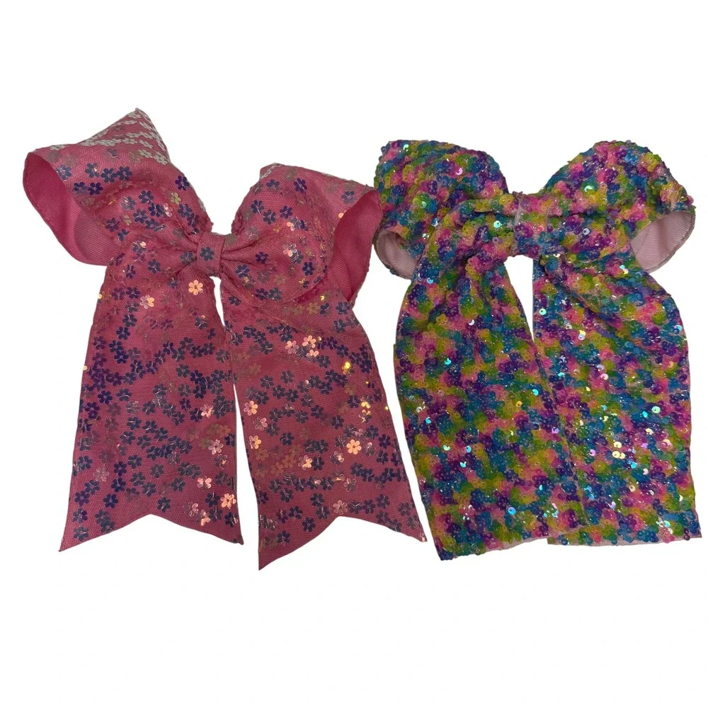 Kids Sparkly Sequin Bow Hair Clip Set Pink Floral Rainbow Fun Accessory